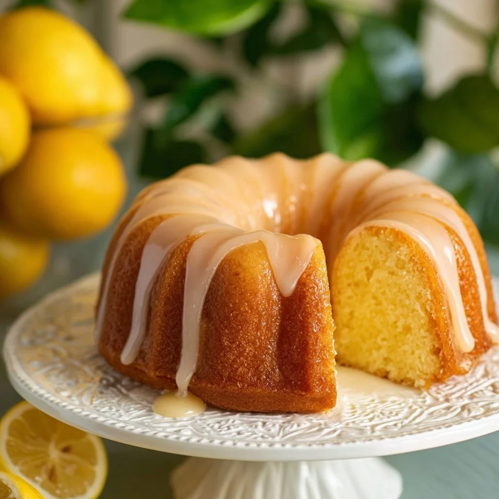 Delicious and moist lemon cake served on a decorative plate