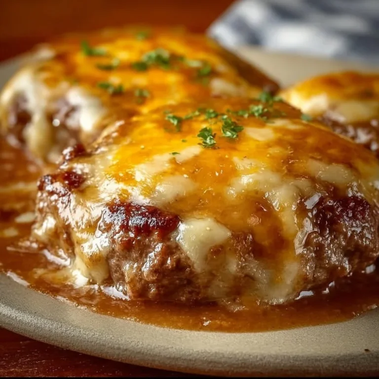 Delicious Amish Hamburger Steak Bake topped with rich gravy and served with vegetables.