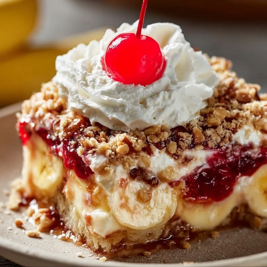 Delicious homemade Banana Split Dump Cake served in a dish