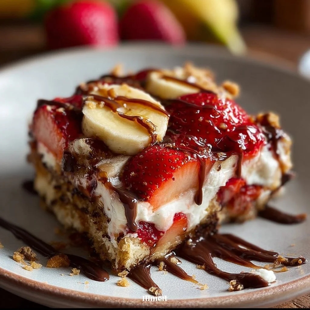 Delicious Banana Split Dump Cake topped with banana slices and whipped cream