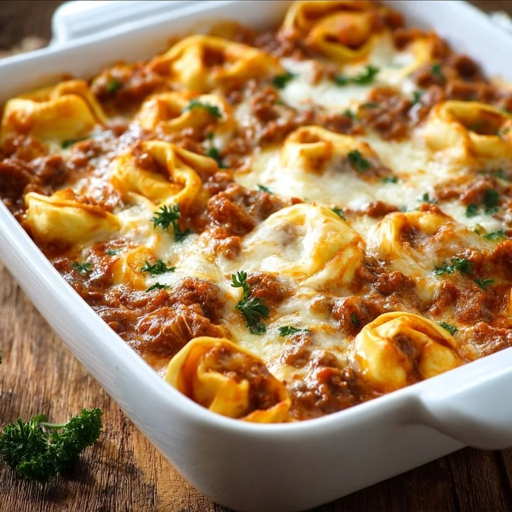 Delicious Beefy Tortellini Bake served in a baking dish
