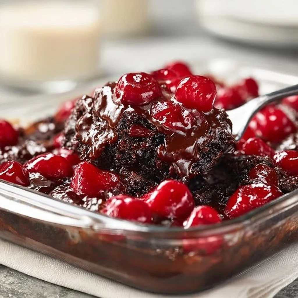 Delicious Black Forest dump cake topped with cherries and whipped cream