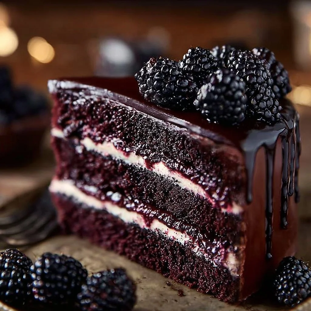 Slice of Blackberry Velvet Gothic Cake with rich frosting and blackberries