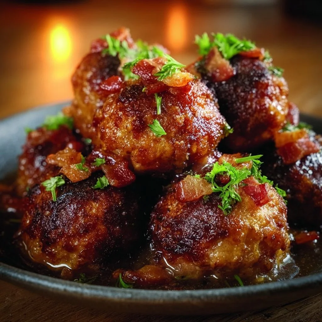 Delicious Bourbon Bacon Cheeseburger Meatballs on a platter garnished with herbs