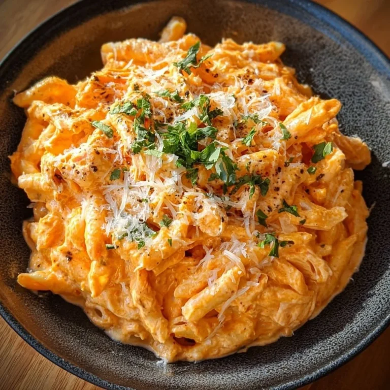 Creamy Buffalo Chicken Alfredo Pasta garnished with herbs and spices
