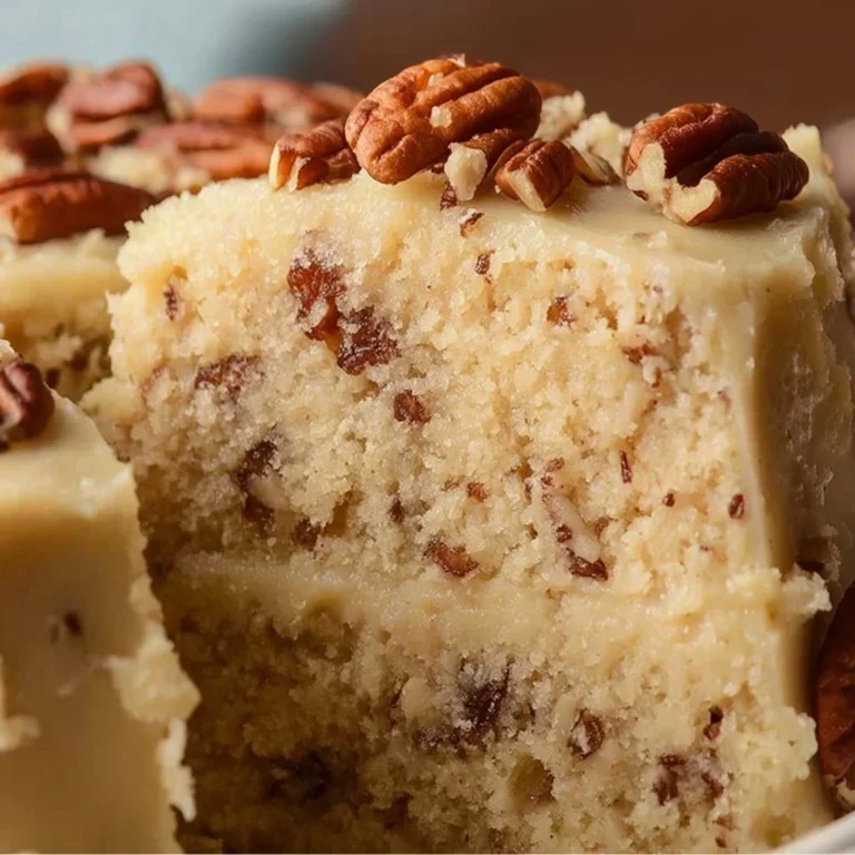 Delicious Butter Pecan Cake garnished with pecans and icing