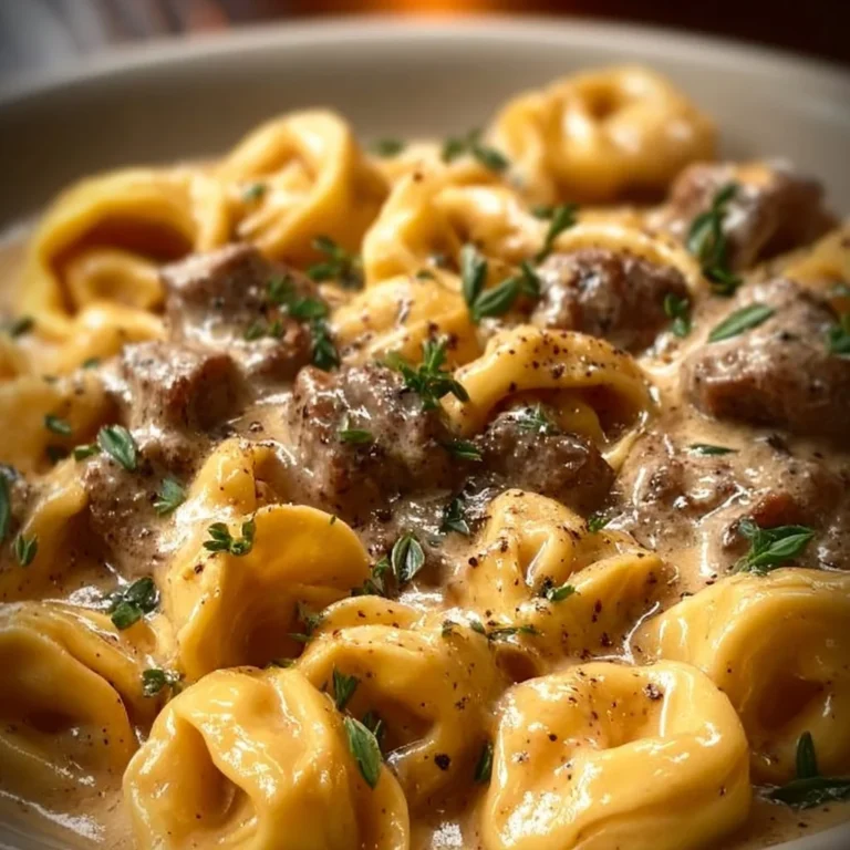 Cheesesteak Tortellini in creamy provolone sauce on a plate