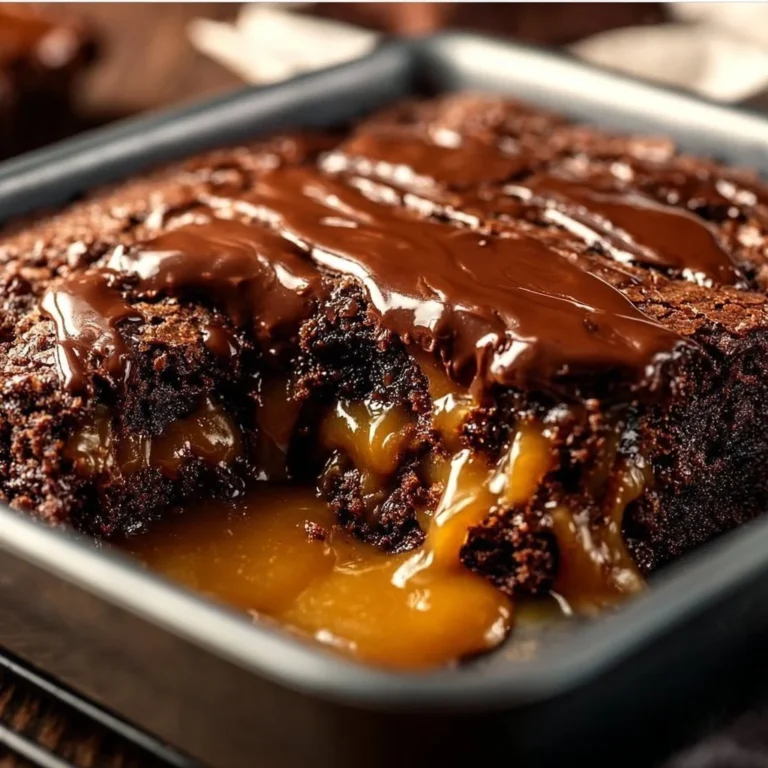 Decadent Chocolate Caramel Dump Cake topped with chocolate and caramel sauce.