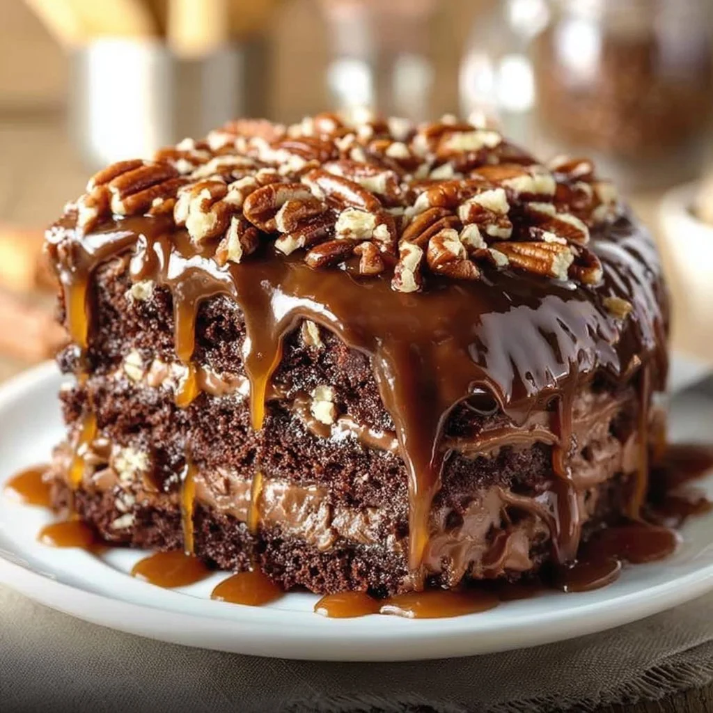 Slice of Chocolate Turtle Cake with caramel drizzle and nuts