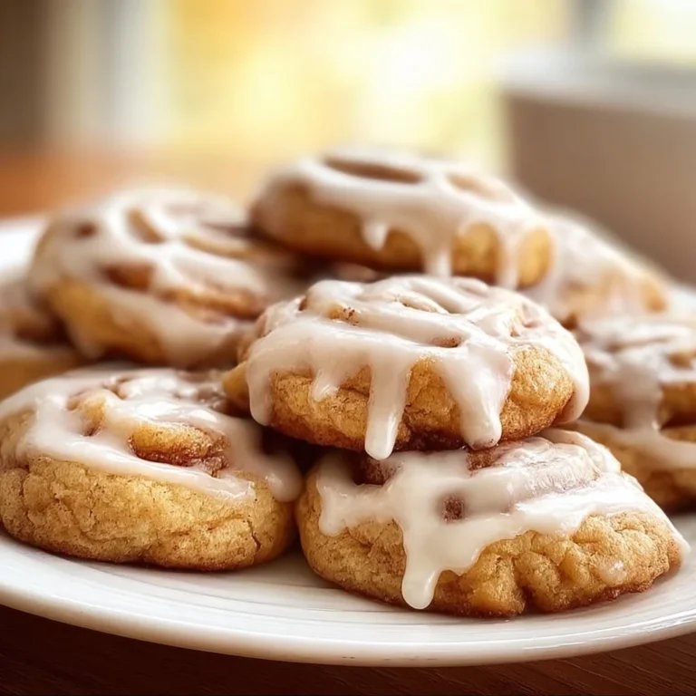Freshly baked cinnamon roll cookies topped with icing and cinnamon swirl.