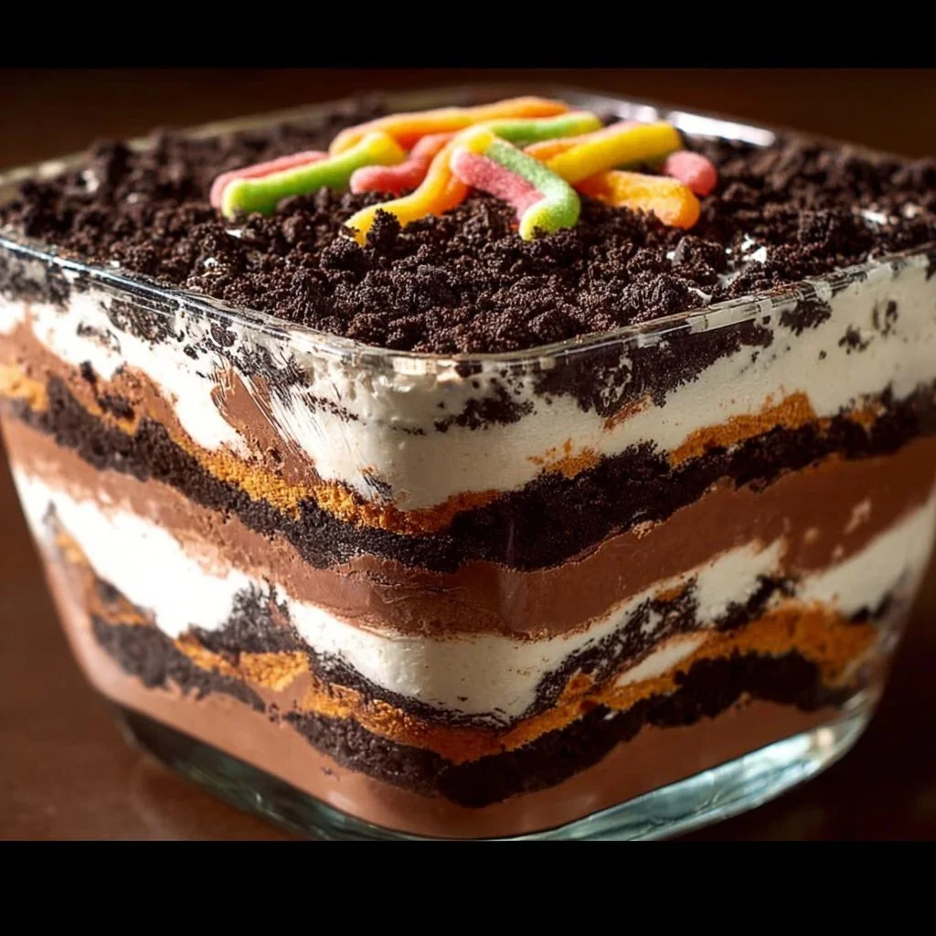 Classic Dirt Cake with crushed cookies and gummy worms on top