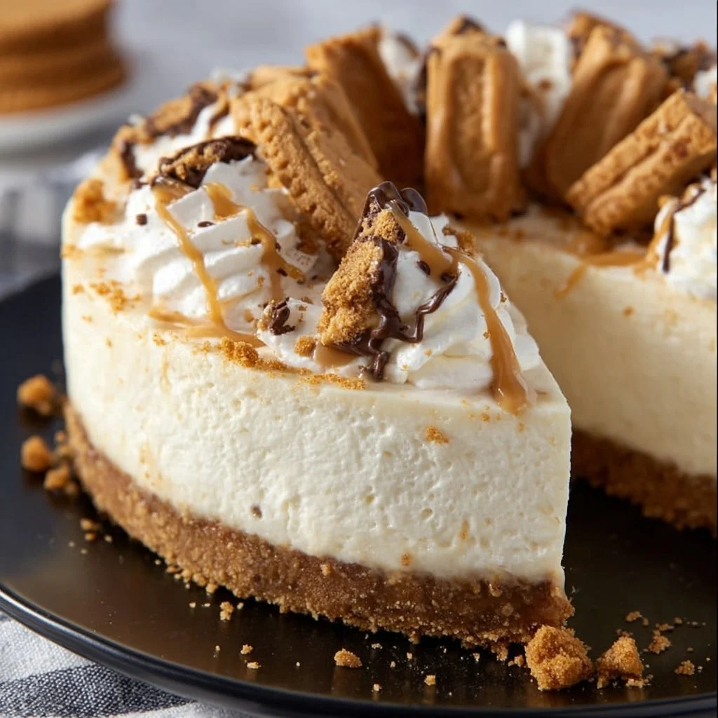 Delicious cookie butter no bake cheesecake topped with crushed cookies.