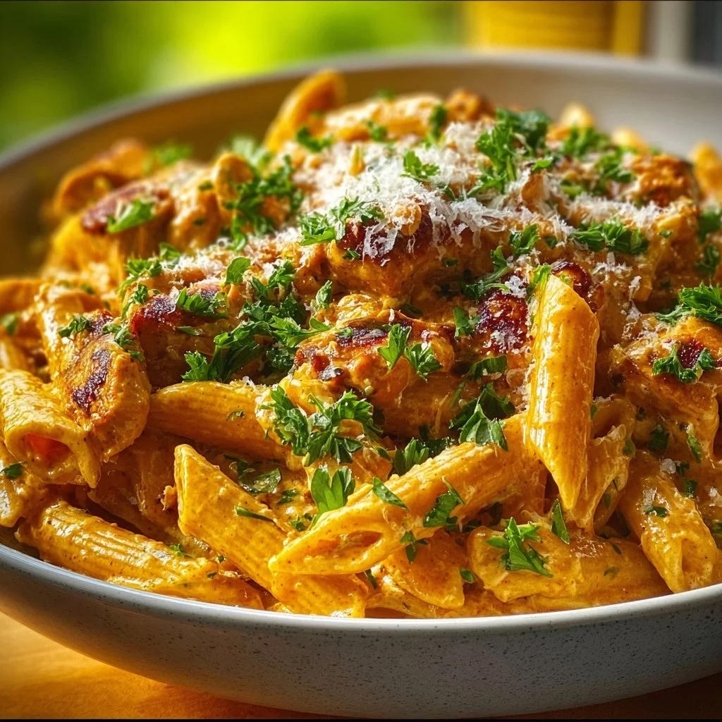Delicious Cowboy Butter Chicken Pasta served on a plate, showcasing creamy sauce and chicken chunks.