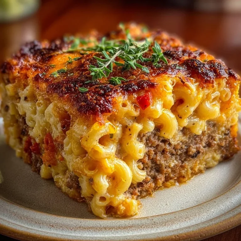 Cozy Mac and Cheese Meatloaf Casserole served on a plate
