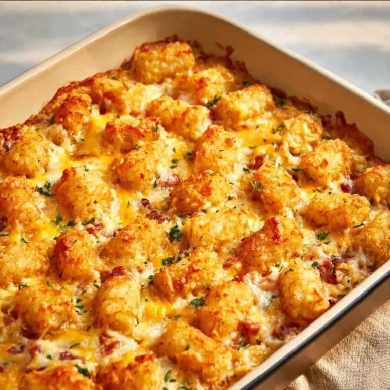 Delicious Cracked Out Chicken Tater Tot Casserole garnished and ready to serve