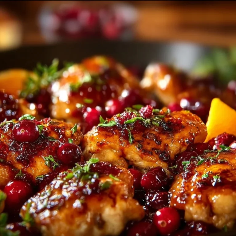 Delicious Cranberry Orange Chicken garnished with cranberries and oranges