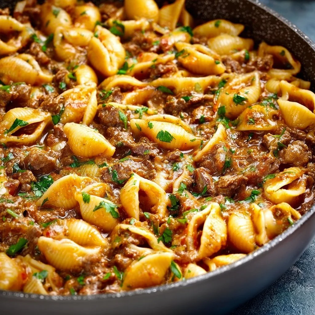 Creamy beef and shells dish with pasta and savory beef in a creamy sauce