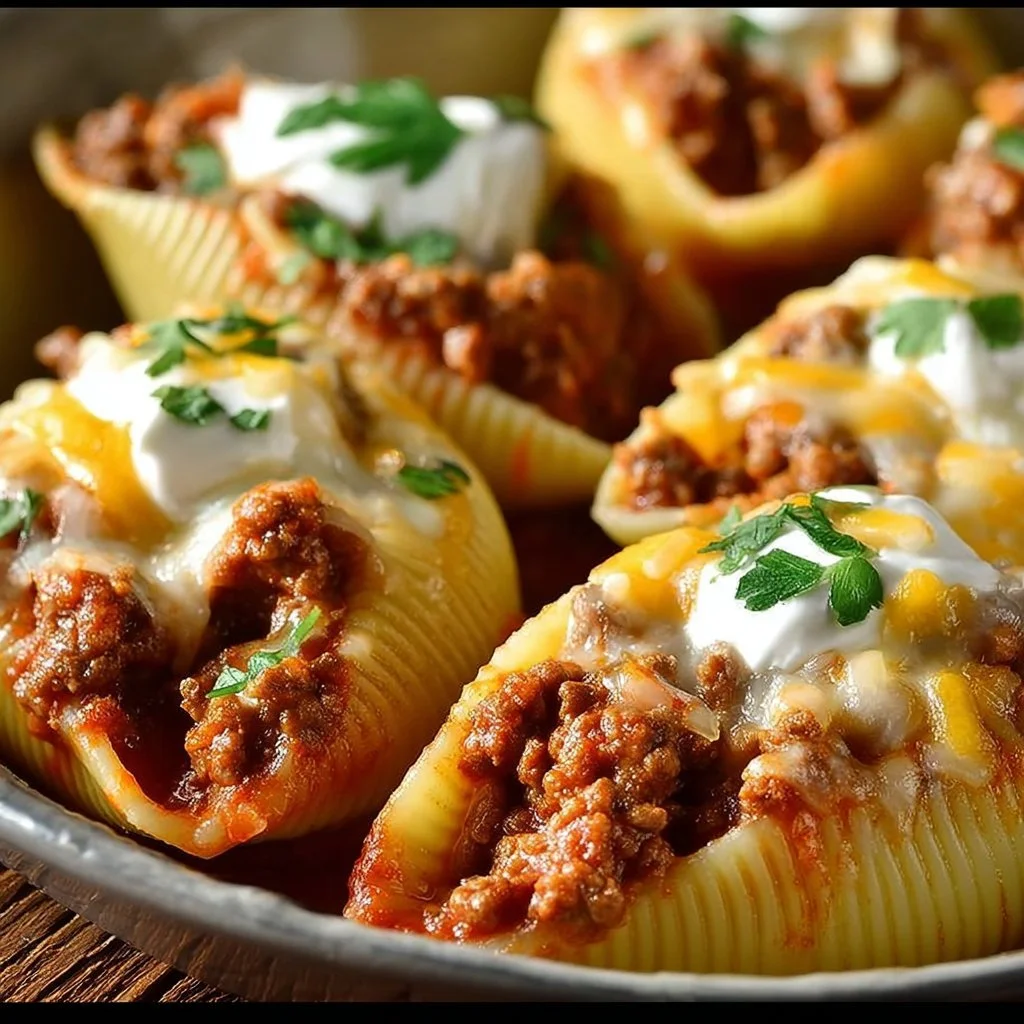 Creamy beef taco stuffed shells garnished with cilantro and cheese