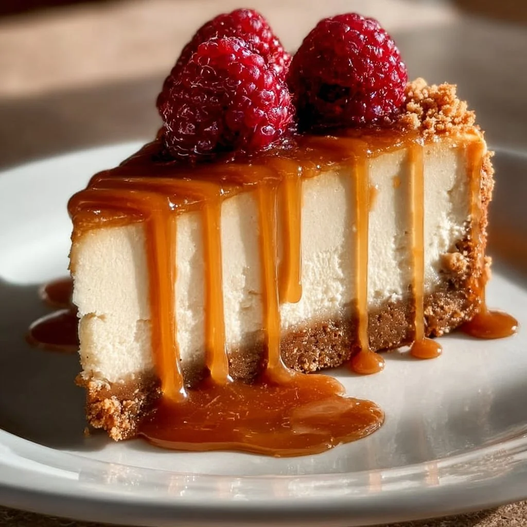 Slice of creamy gingerbread cheesecake topped with caramel drizzle