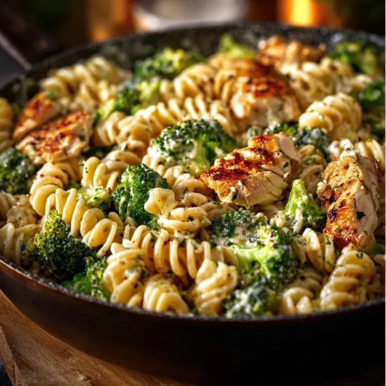 Creamy rotisserie chicken and broccoli pasta dish ready to serve.