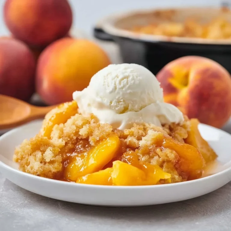 Delicious Crockpot Peach Dump Cake served warm with a scoop of ice cream