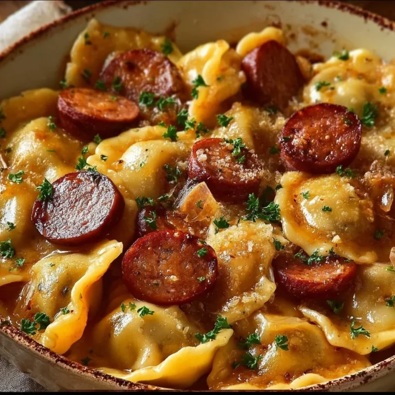 Crockpot pierogi casserole with kielbasa served in a bowl.