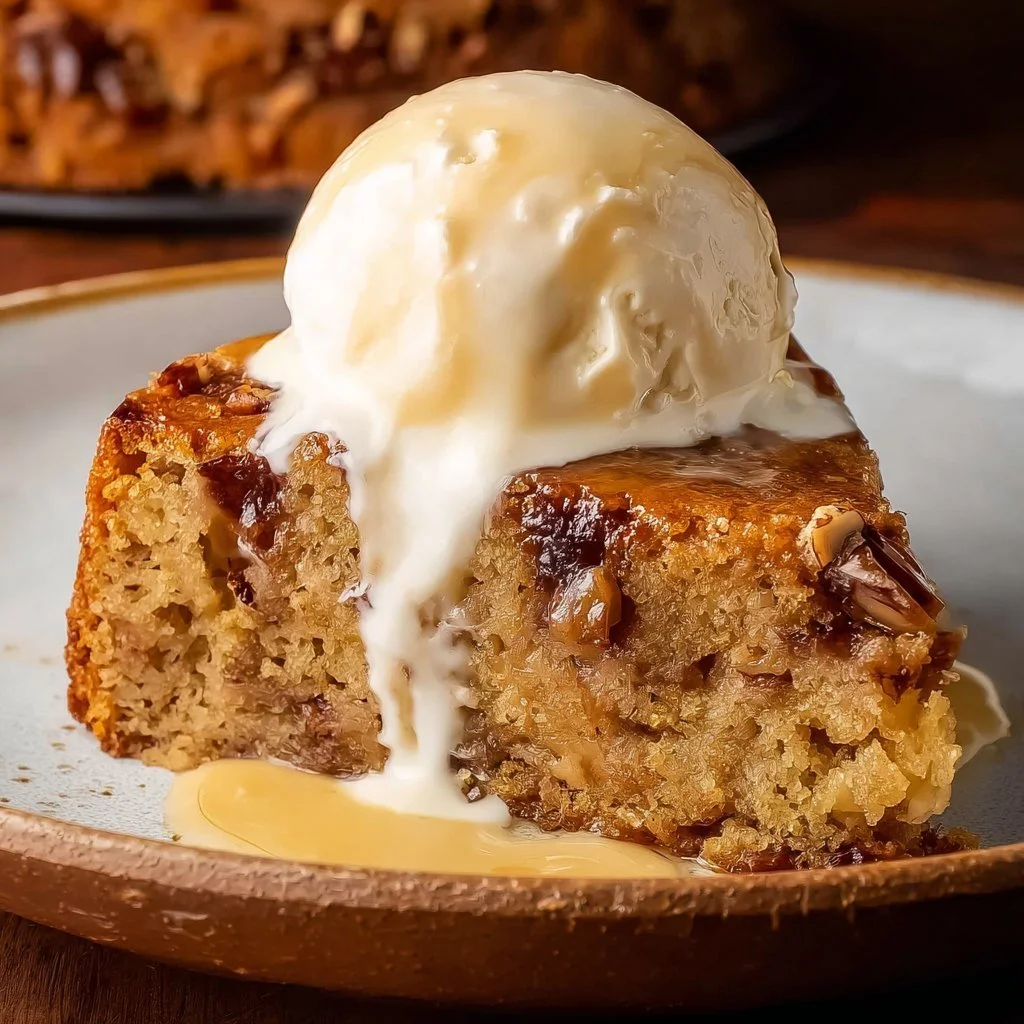 Homemade date cake topped with nuts and drizzled with caramel sauce.