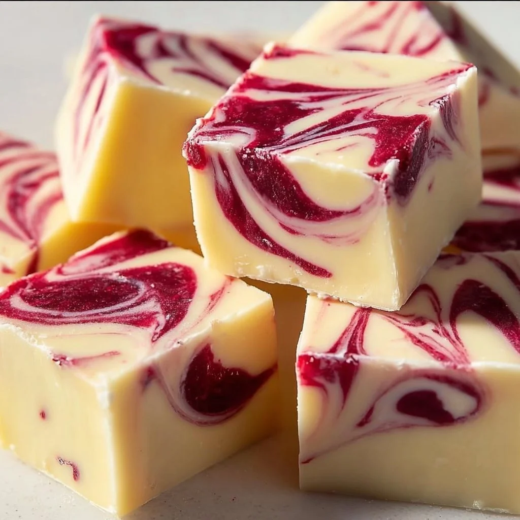 Decadent white chocolate raspberry fudge dessert with a rich texture and raspberry swirls.