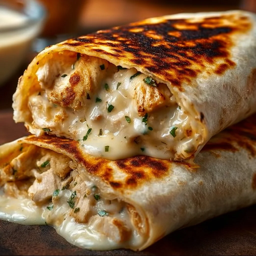 Cheesy chicken wraps with garlic, served on a plate for a delicious meal.