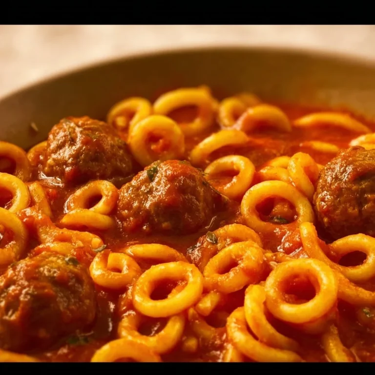 Bowl of homemade spaghetti O's with meatballs served with fresh basil.