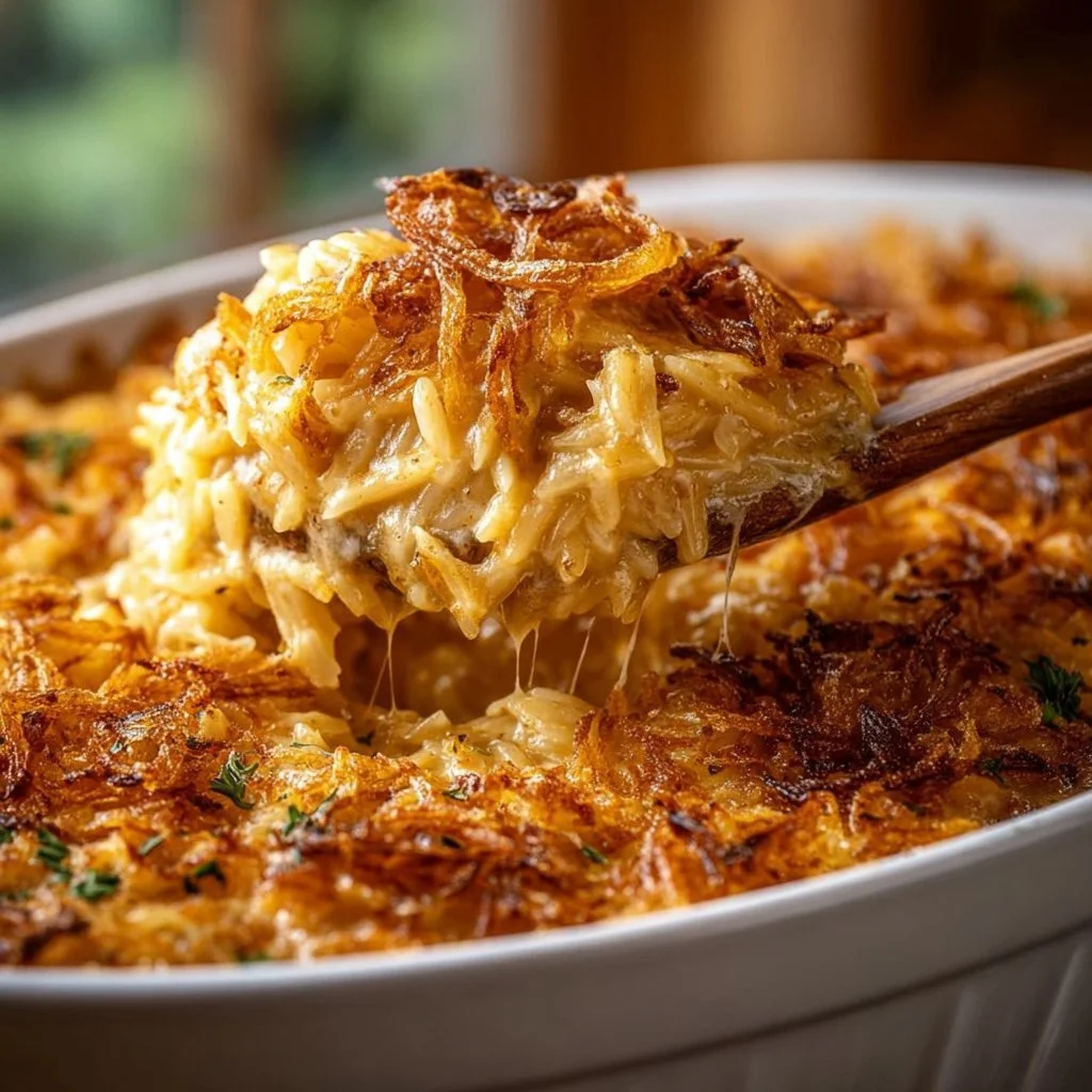 French Onion Chicken Orzo Casserole