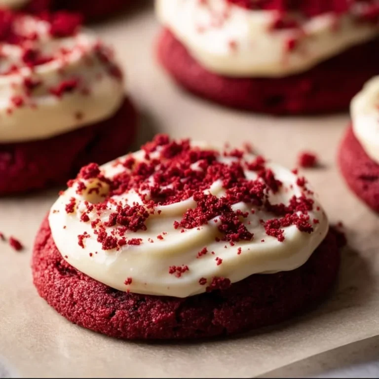 Frosted red velvet cupcake cookies stacked on a plate with sprinkles.