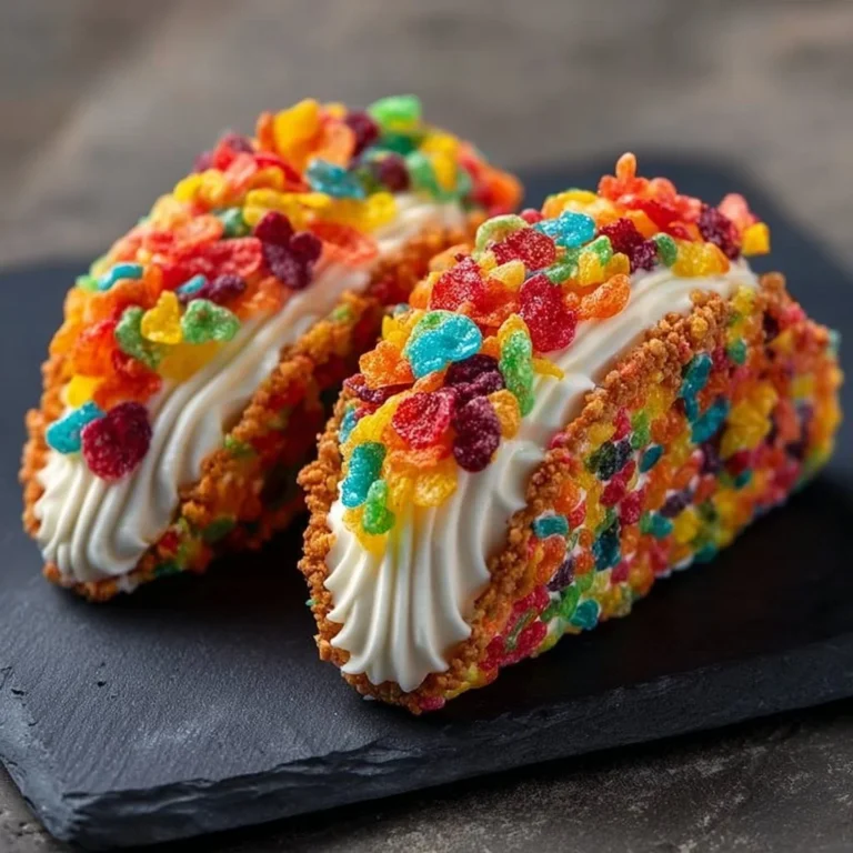 Fruity Pebbles Cheesecake Tacos with colorful cereal and cheesecake filling