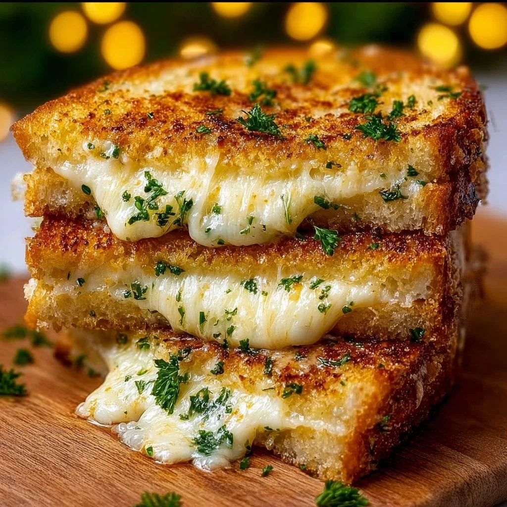 Garlic Bread Grilled Cheese sandwich melting with cheese and garlic butter