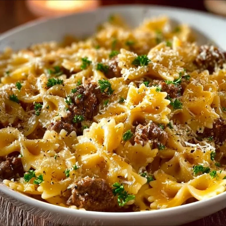 Delicious Garlic Butter Beef served with Cheesy Bowtie Pasta on a plate