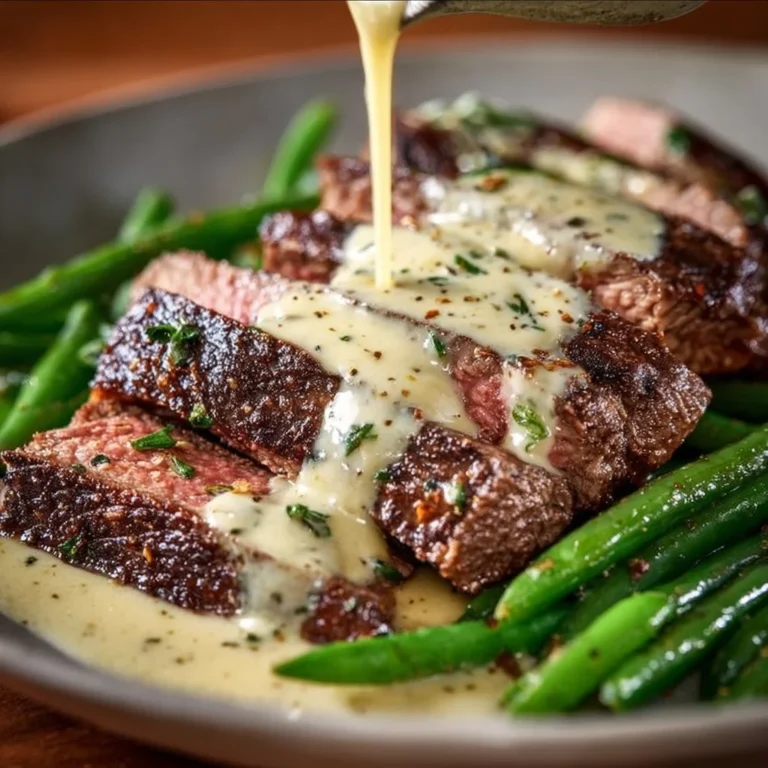 Delicious Garlic Butter Steak topped with creamy Parmesan sauce on a plate