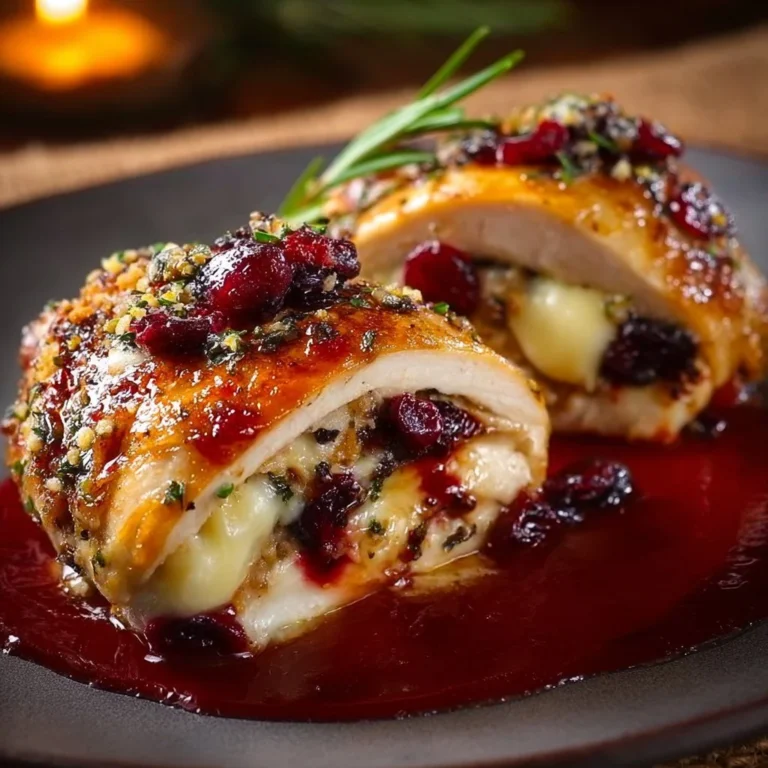 Delicious cranberry brie stuffed chicken served on a platter.