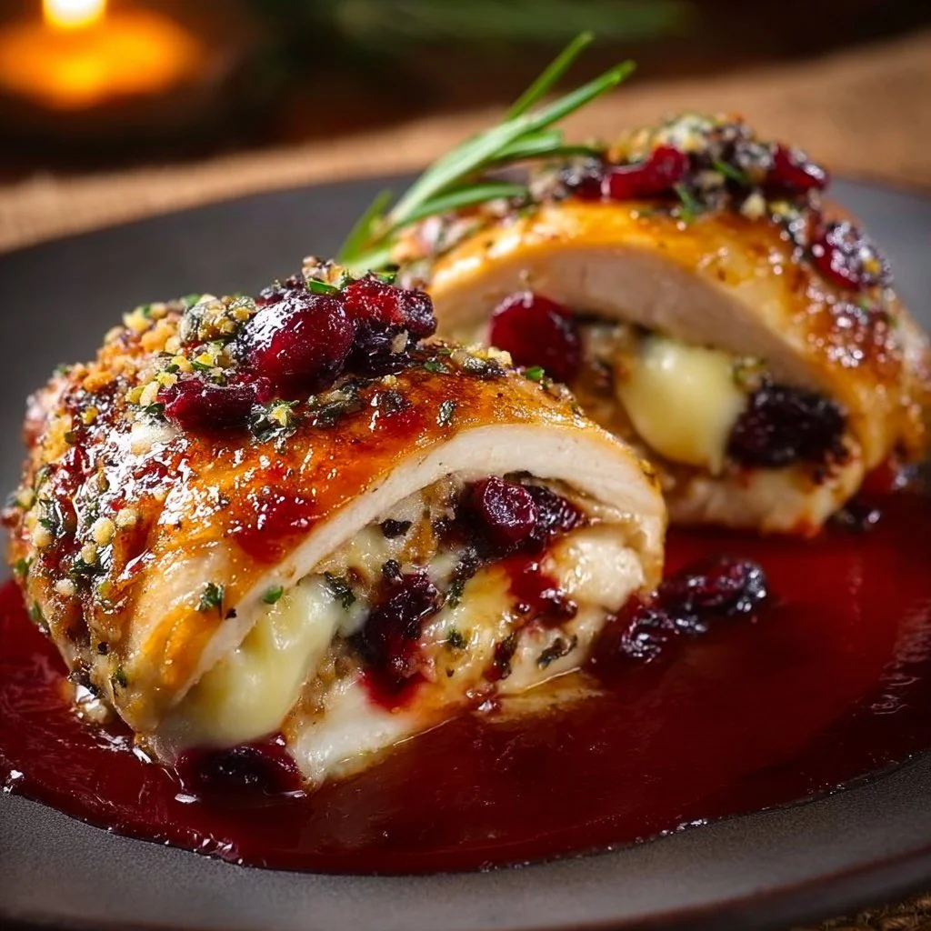 Delicious cranberry brie stuffed chicken served on a platter.