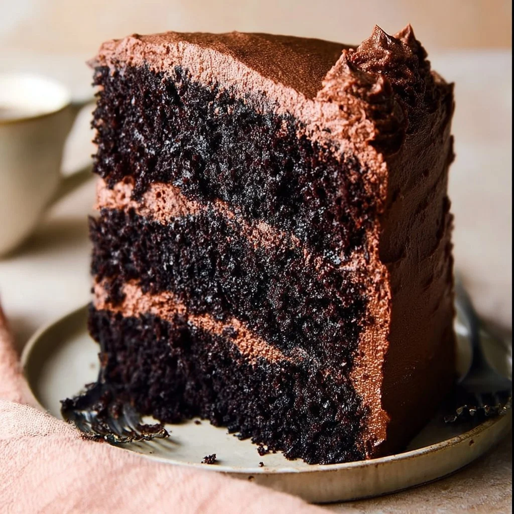 Delicious slice of Ina Garten's famous chocolate cake topped with chocolate frosting.