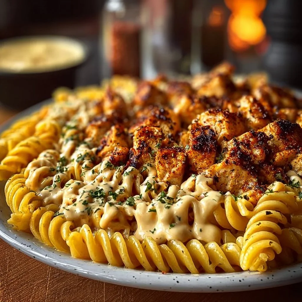 Creamy Velveeta Chicken Rotini pasta dish topped with herbs