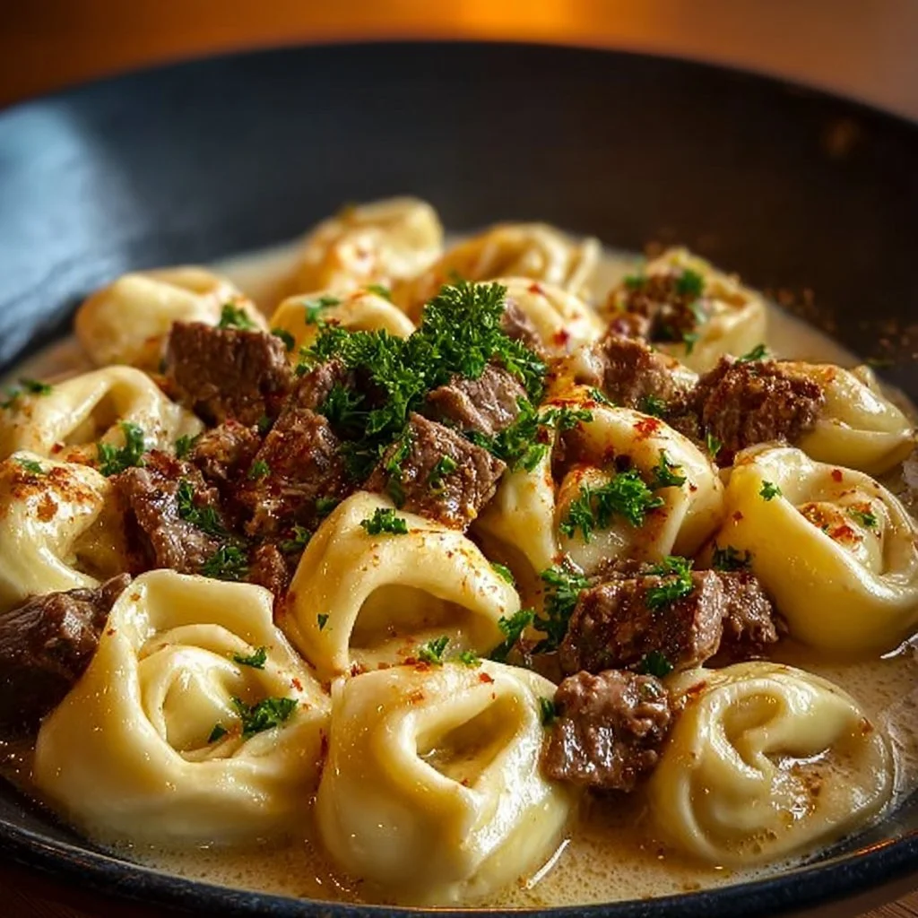 Creamy cheesesteak tortellini served in rich provolone sauce on a plate