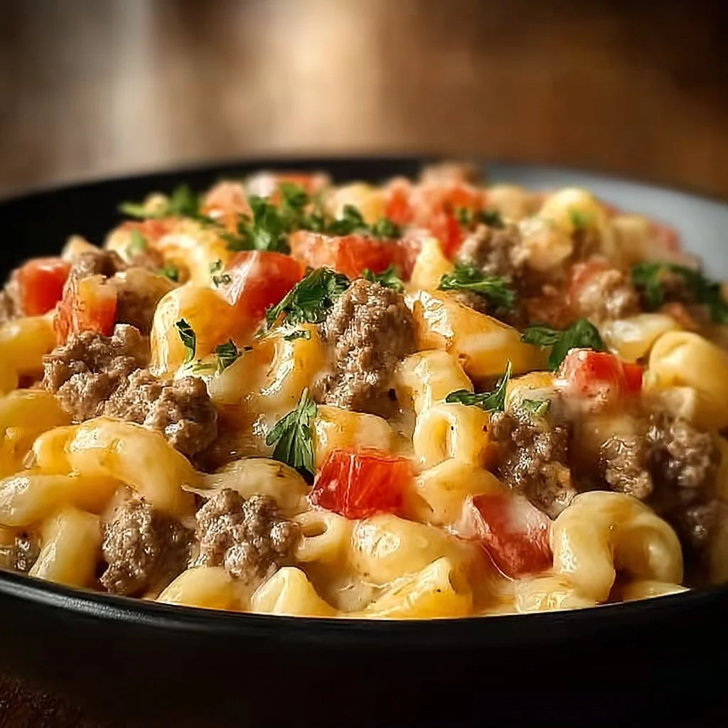 Loaded Cheeseburger Alfredo Pasta garnished with herbs and cheese