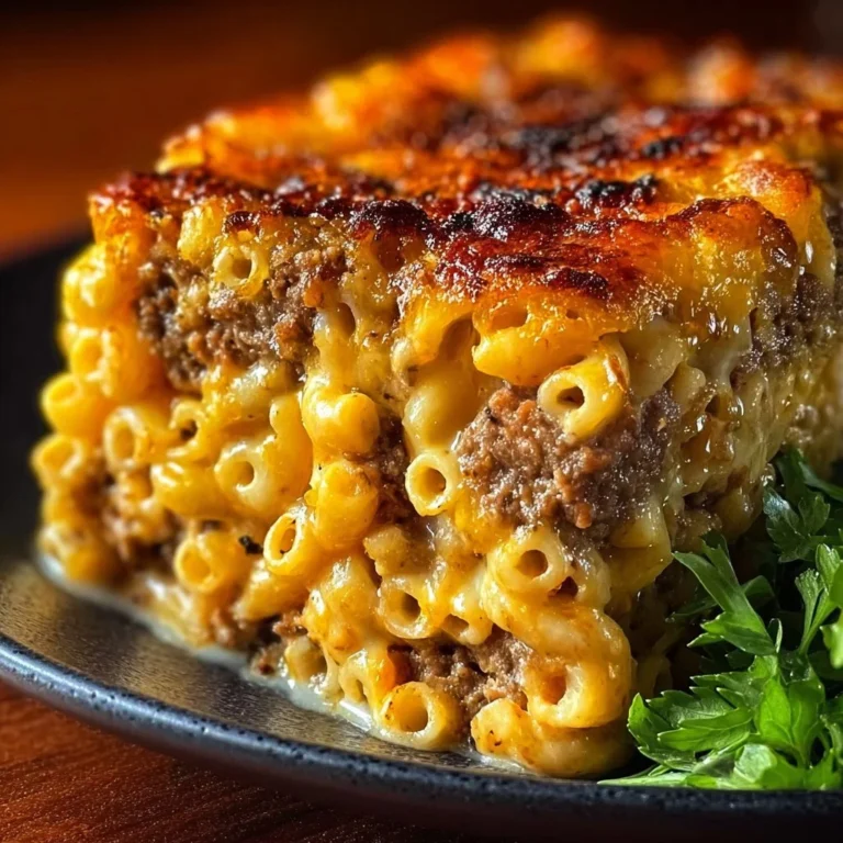 Mac and Cheese Meatloaf Casserole served in a dish with cheese topping