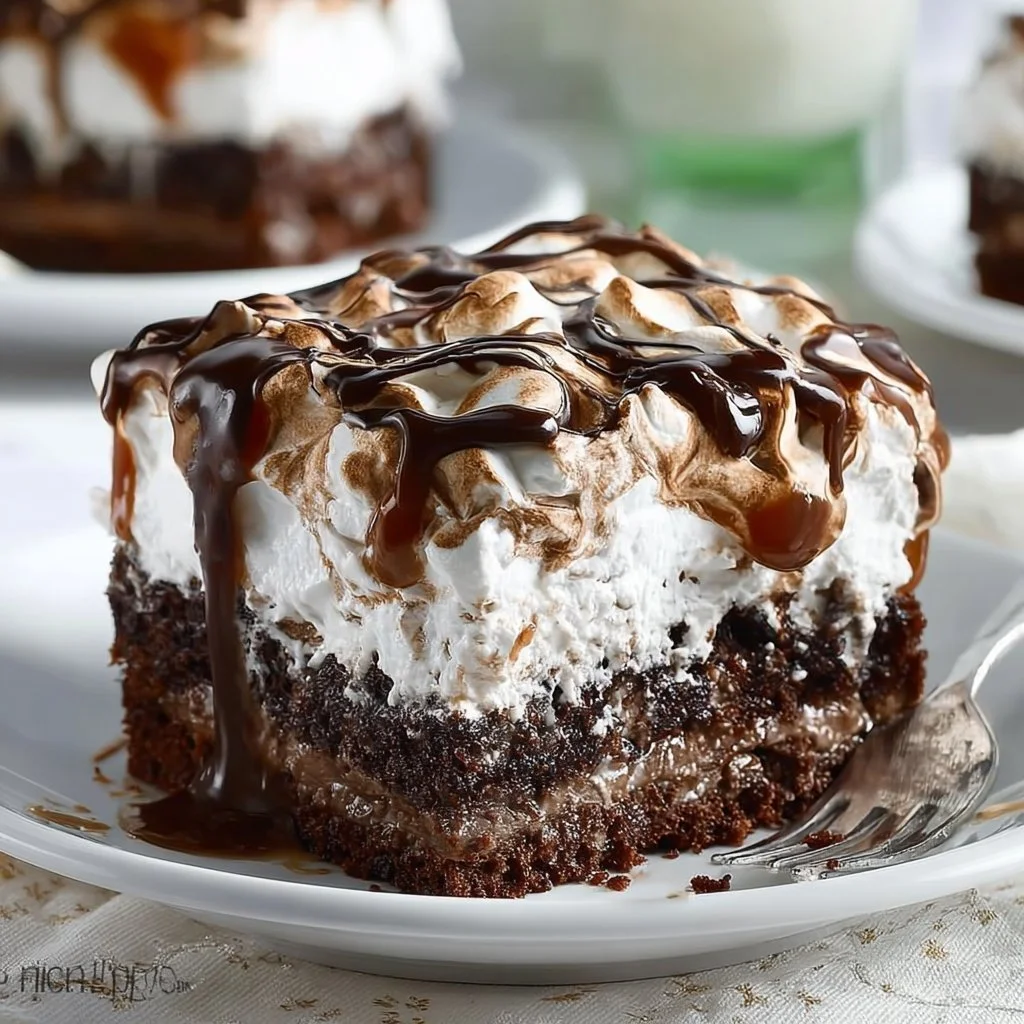 Delicious Marshmallow Chocolate Poke Cake topped with creamy chocolate and fluffy marshmallows