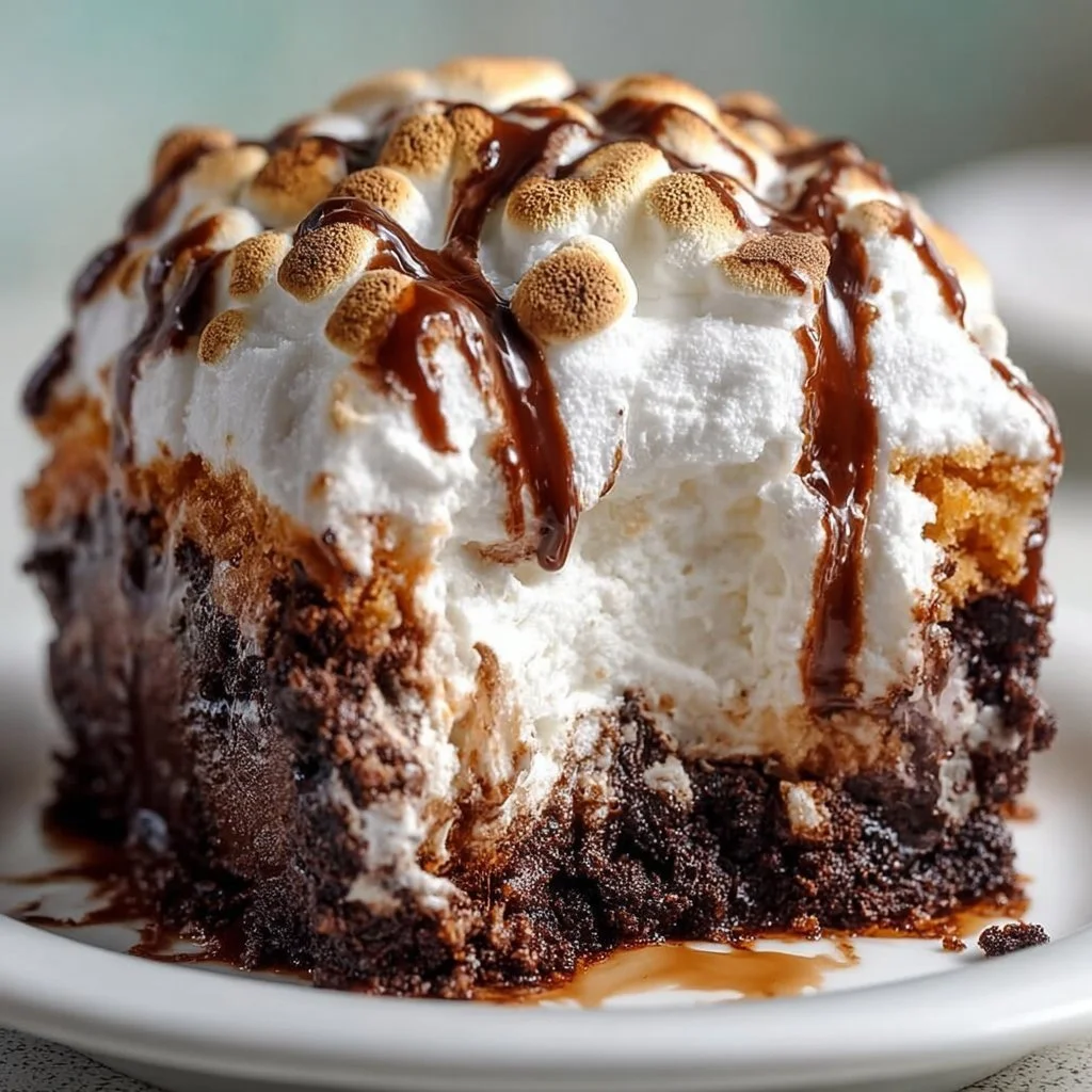 Delicious Marshmallow Chocolate Poke Cake served with chocolate drizzle