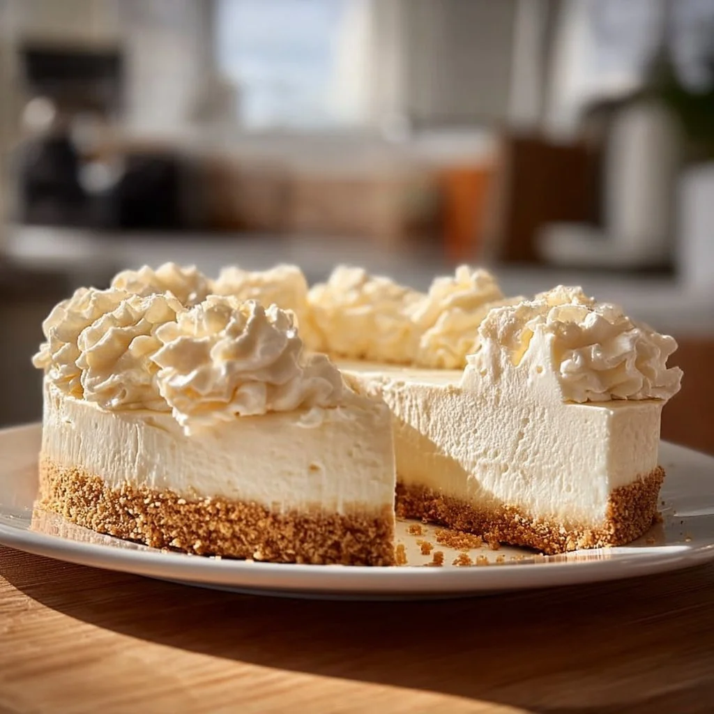 Delicious no-bake cheesecake topped with marshmallow whip, a perfect dessert.