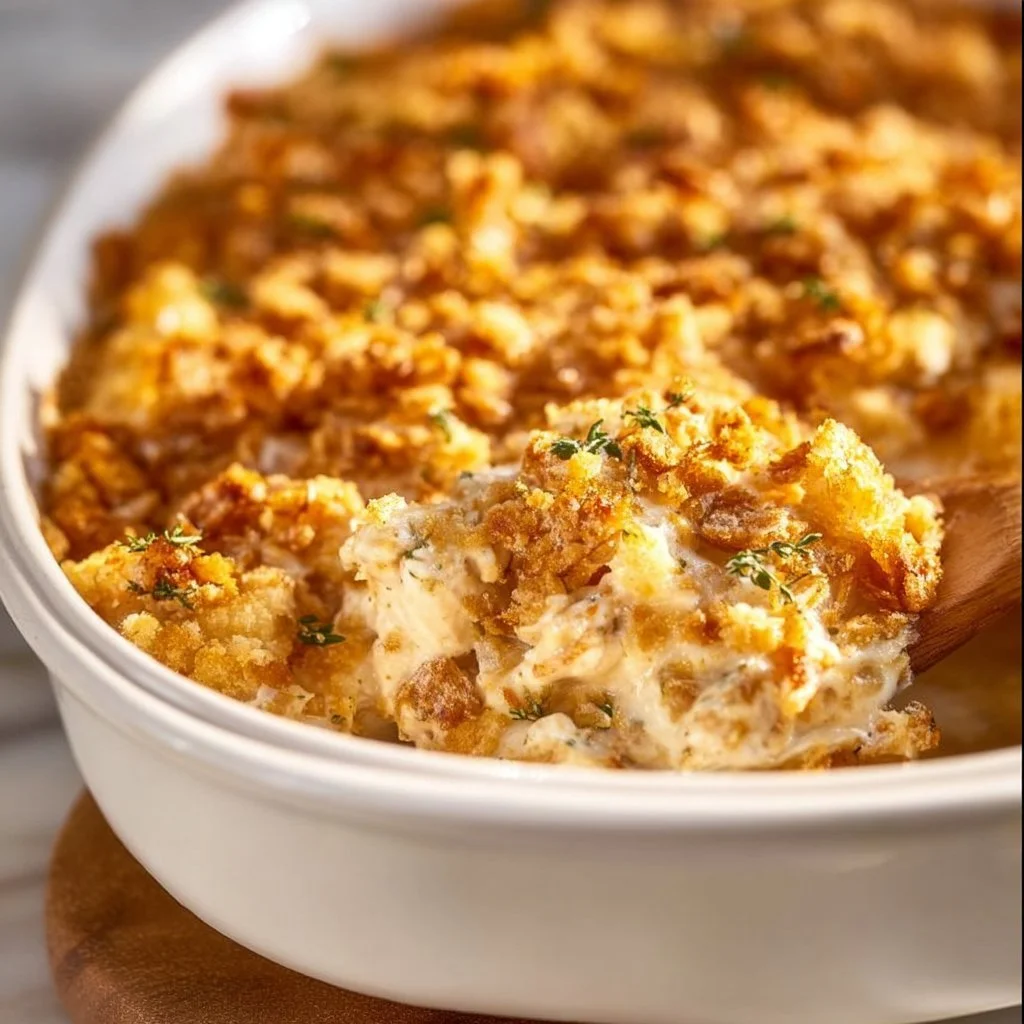 Delicious Million Dollar Chicken Casserole with creamy sauce and toppings