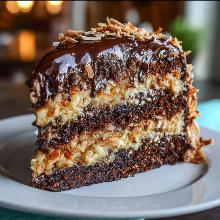 Deliciously moist German chocolate cake topped with rich frosting and coconut.