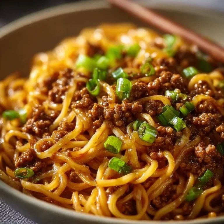 Mongolian Ground Beef Noodles dish topped with green onions and served in a bowl