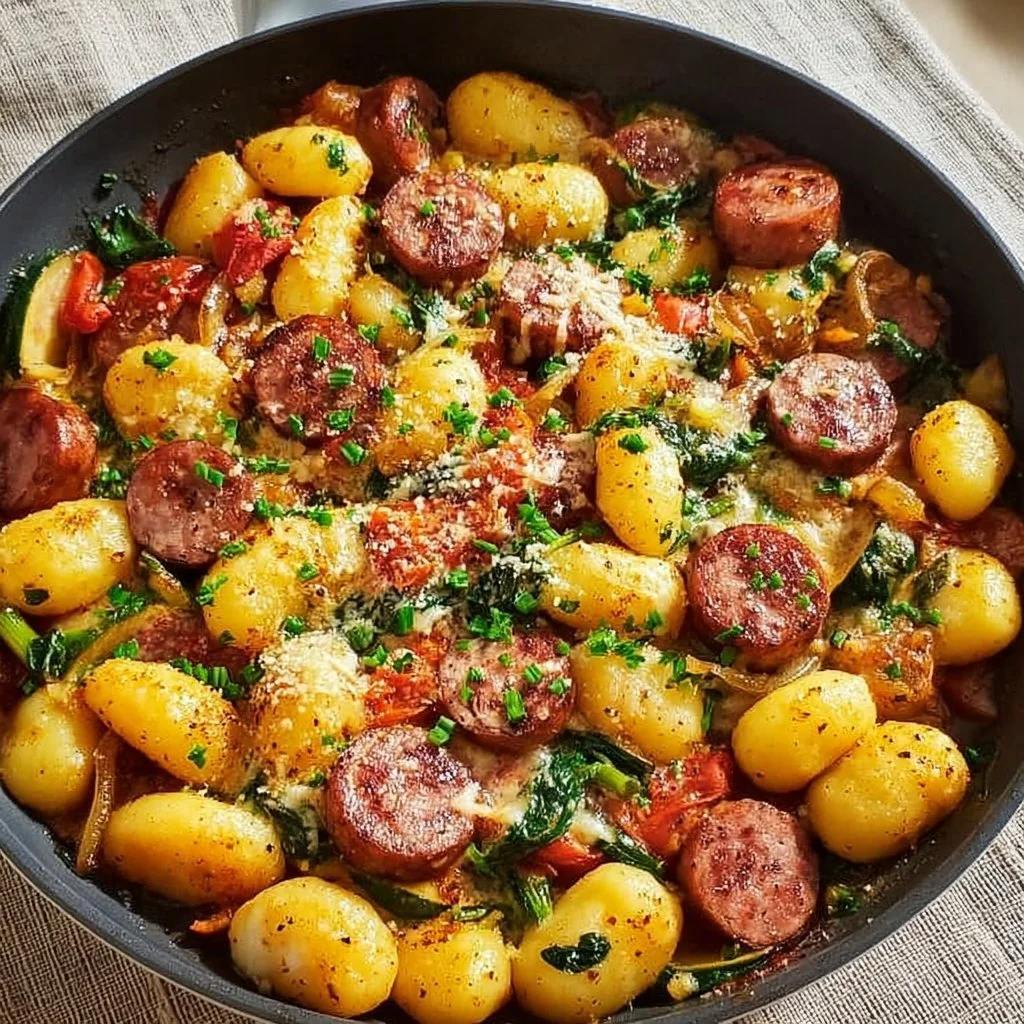 Mouthwatering Kielbasa Gnocchi Skillet topped with herbs and spices